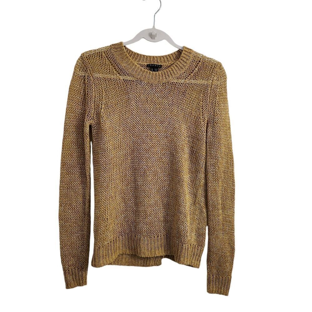 Theory Sweater Womens Small Yellow Linen Adoncia Astra Knit Mesh Open Back‎